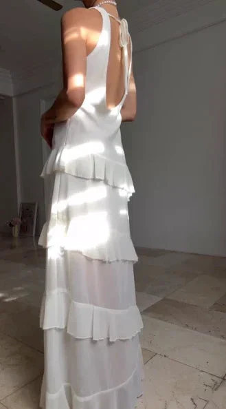 Simple White V Neck Chiffon Ruffle Prom Dress Backless Long Evening Dress Y8500 - Image 4