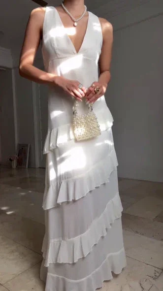 Simple White V Neck Chiffon Ruffle Prom Dress Backless Long Evening Dress Y8500 - Image 5