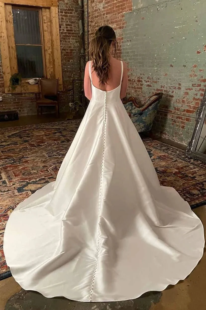Simple Wide Straps Ivory Wedding Gown with Pockets WD633 - Image 2