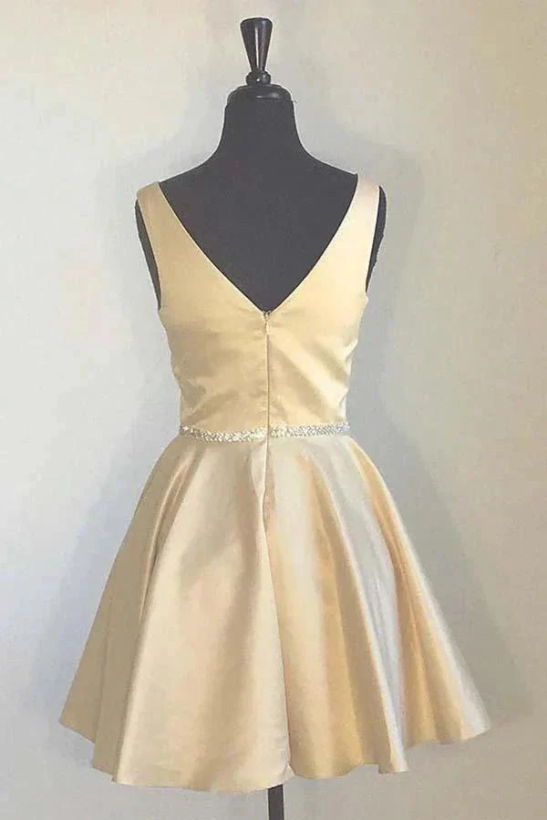 Simple Yellow Homecoming Dresses Broad Strap V Neck Beaded PD173 - Image 2