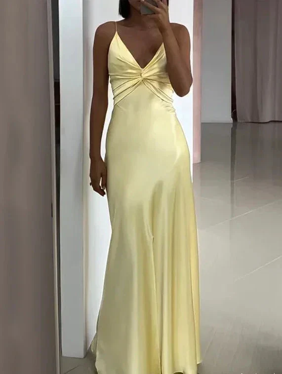 Simple Yellow V Neck Satin A Line Prom Dress Evening Dress Y8551 - Image 2