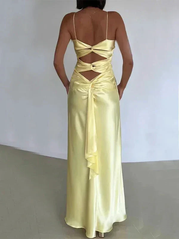 Simple Yellow V Neck Satin A Line Prom Dress Evening Dress Y8551 - Image 3