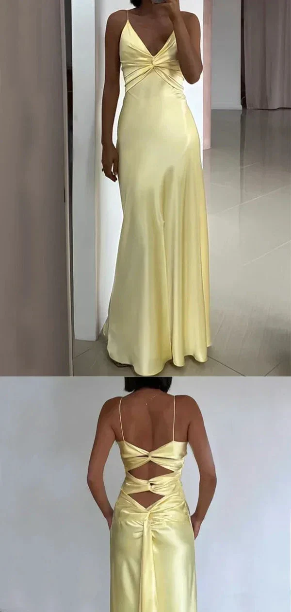 Simple Yellow V Neck Satin A Line Prom Dress Evening Dress Y8551 - Image 4