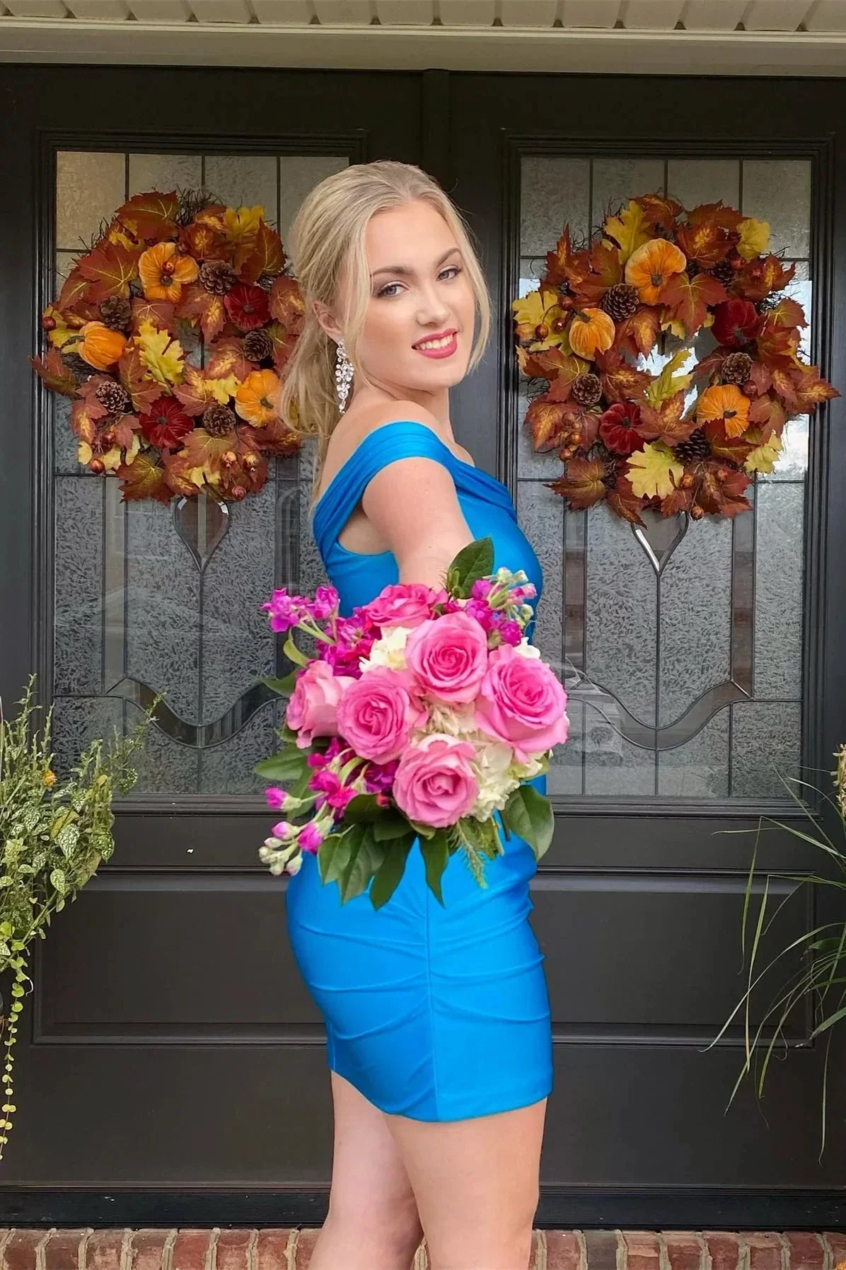 Simply Blue Off the Shoulder Bodycon Mini Homecoming Dress Y3016 - Image 2