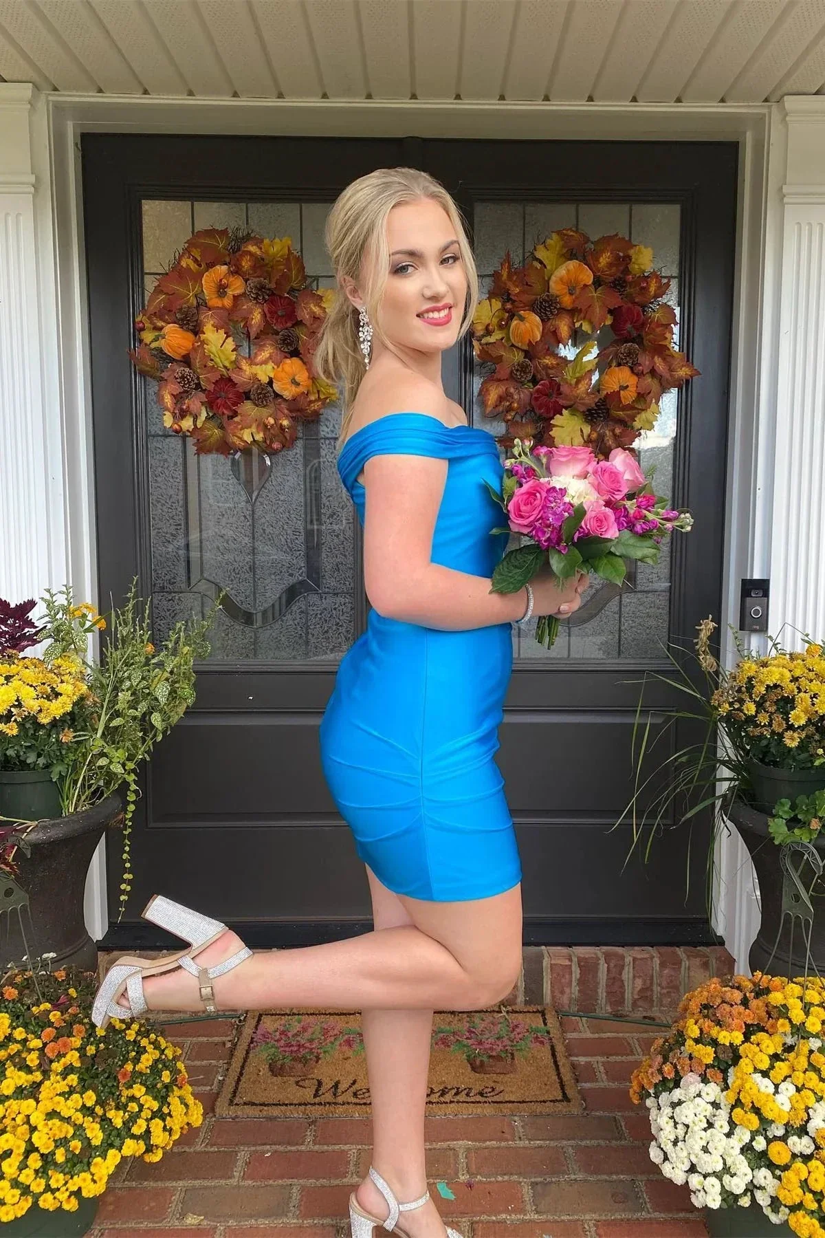 Simply Blue Off the Shoulder Bodycon Mini Homecoming Dress Y3016 - Image 3