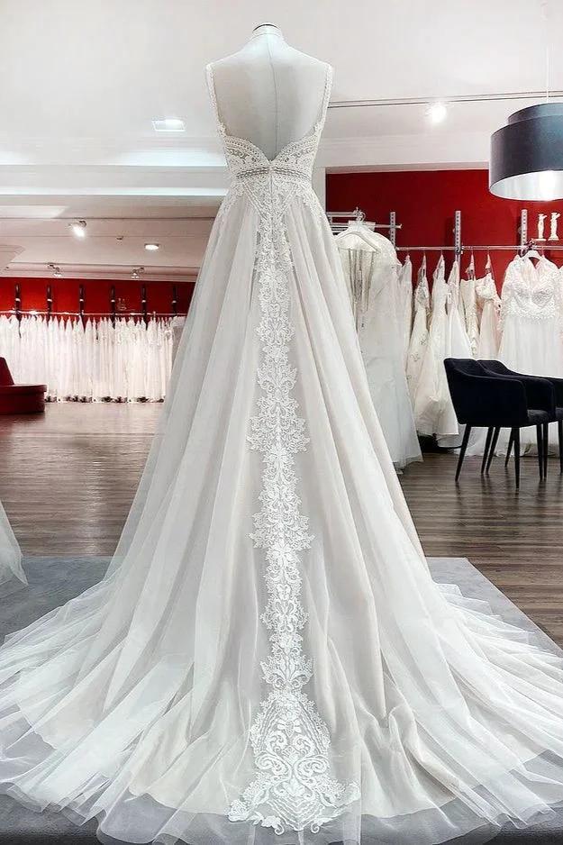 Simply Long A-line Tulle Lace Open Back Wedding Dresses - Image 2
