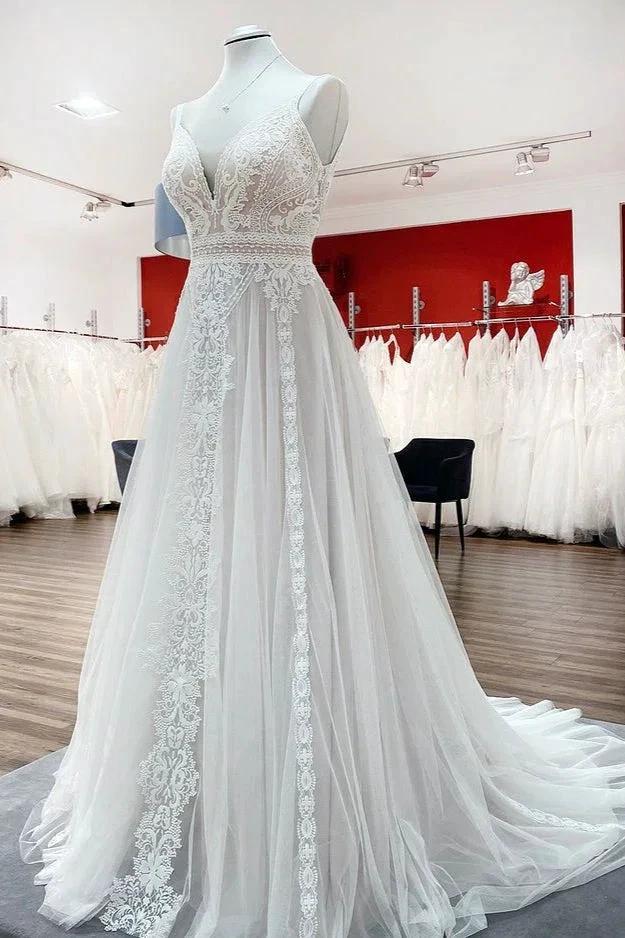 Simply Long A-line Tulle Lace Open Back Wedding Dresses - Image 3