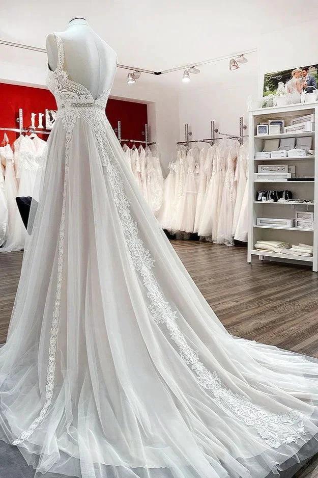 Simply Long A-line Tulle Lace Open Back Wedding Dresses - Image 4