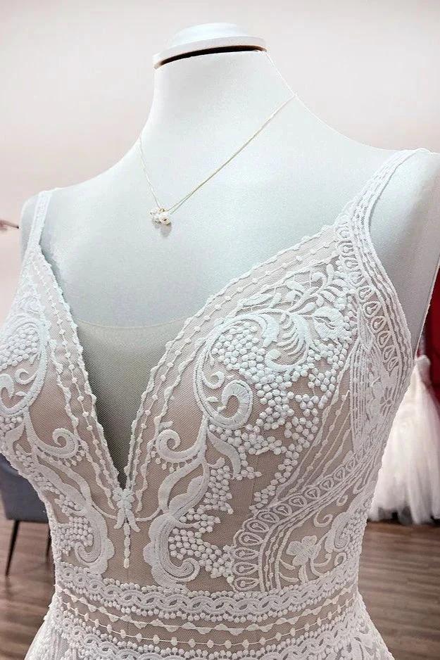 Simply Long A-line Tulle Lace Open Back Wedding Dresses - Image 5
