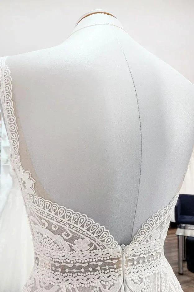Simply Long A-line Tulle Lace Open Back Wedding Dresses - Image 6