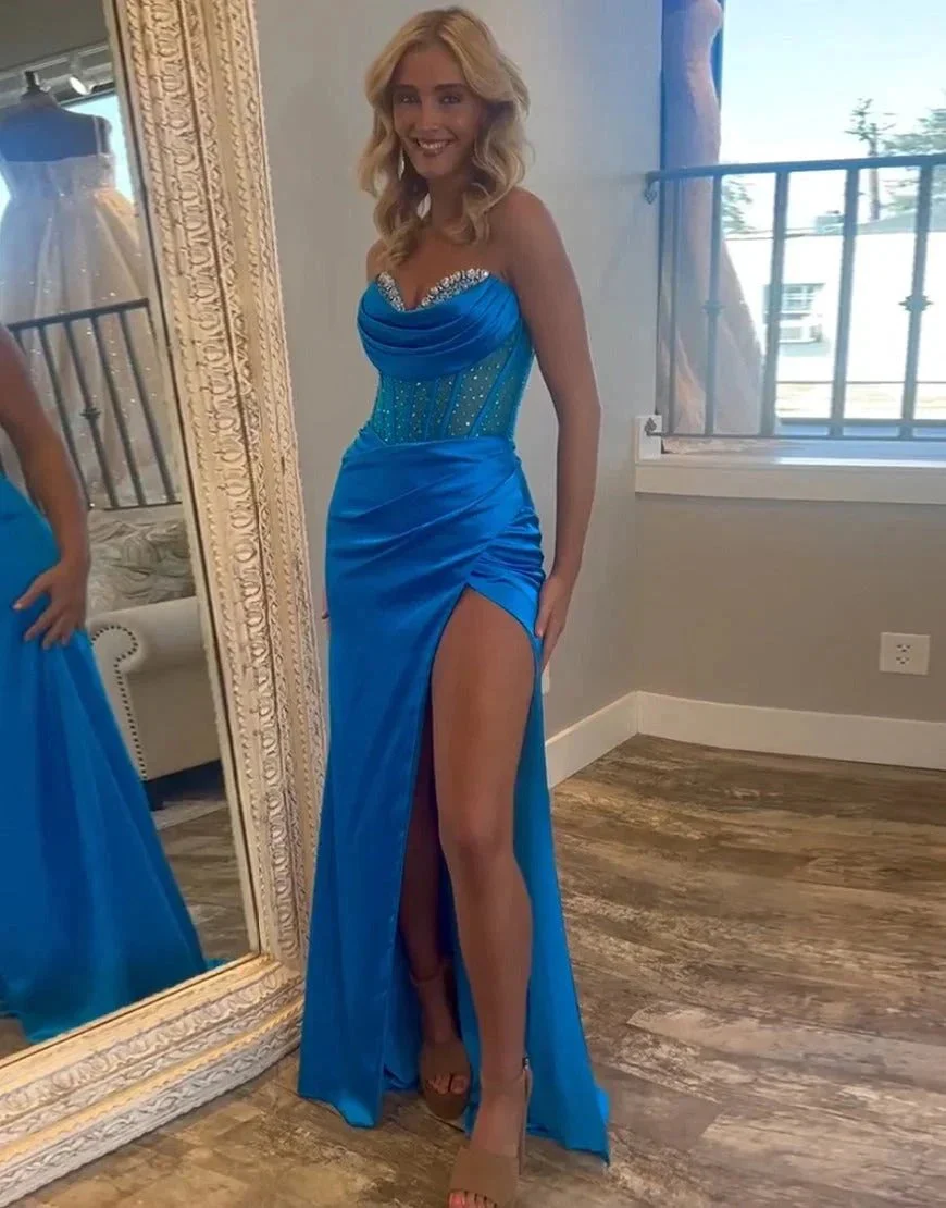 Siva | Royal Blue Strapless Satin Mermaid Prom Dress With Beading - Image 2