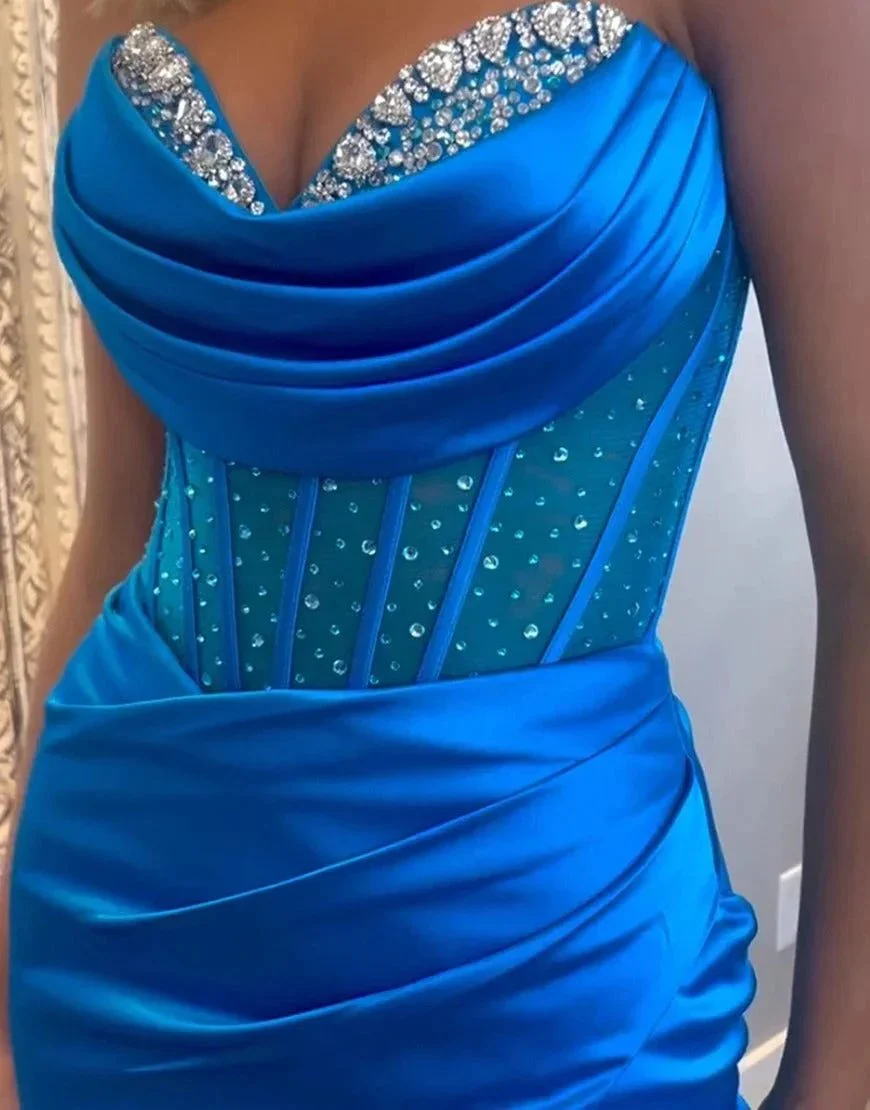 Siva | Royal Blue Strapless Satin Mermaid Prom Dress With Beading - Image 4