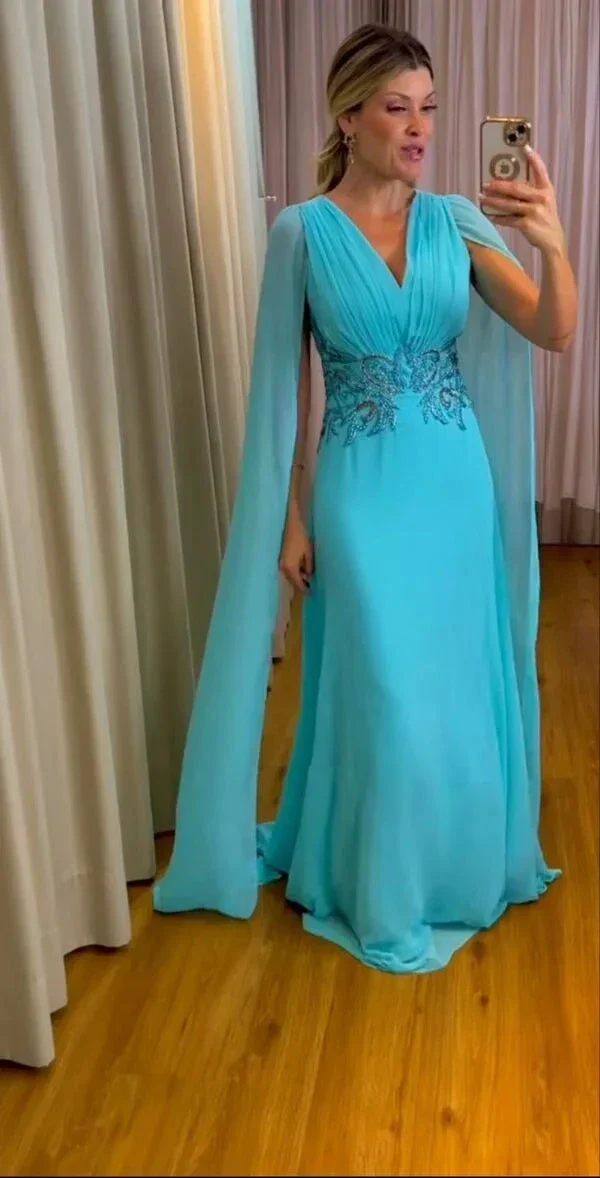 Sky Blue Chiffon Mother of Bride and Groom Dress Evening Dress Y6266 - Image 2