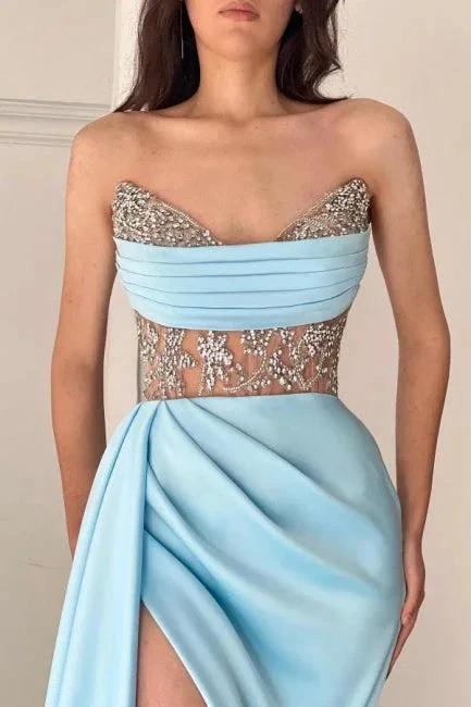 Sky Blue Floor-Length Split Front Strapless Sleeveless Stain Prom Dresses with Ruffles - Image 2
