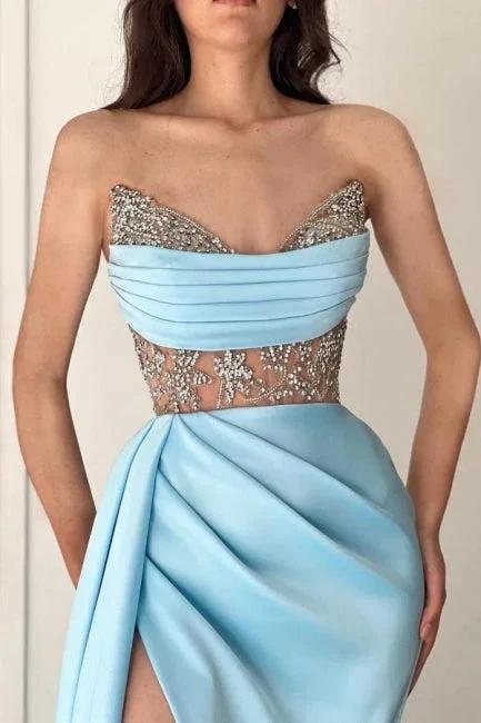 Sky Blue Floor-Length Split Front Strapless Sleeveless Stain Prom Dresses with Ruffles - Image 3