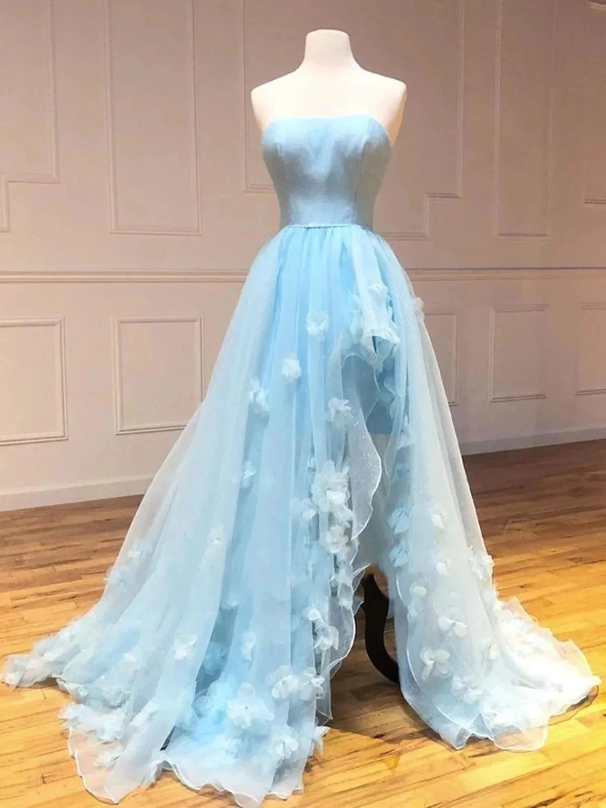 Sky Blue High Low A-line Strapless Tulle Lace Formal Prom Dresses with Slit - Image 2