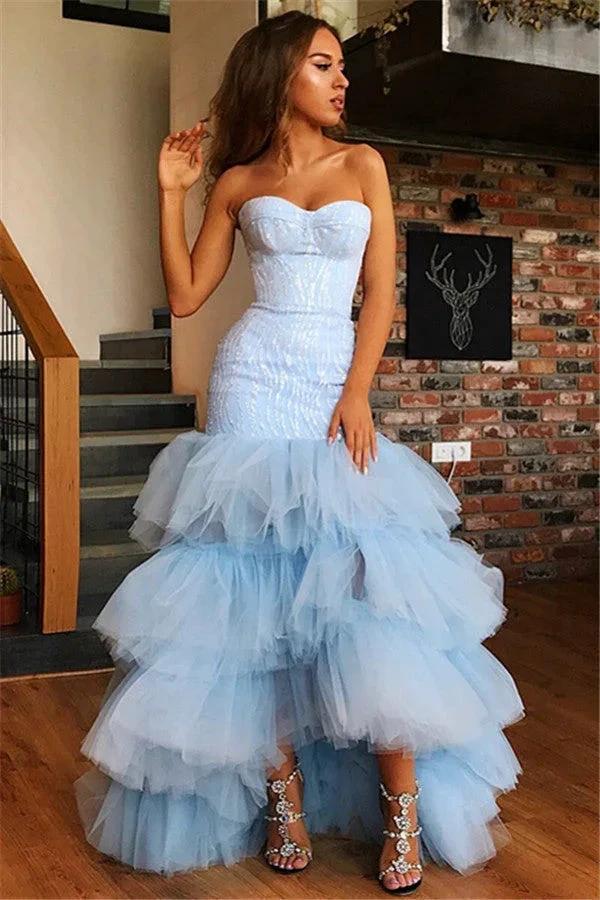 Sky Blue High Low Strapless Tulle Mermaid Prom Dress - Image 3