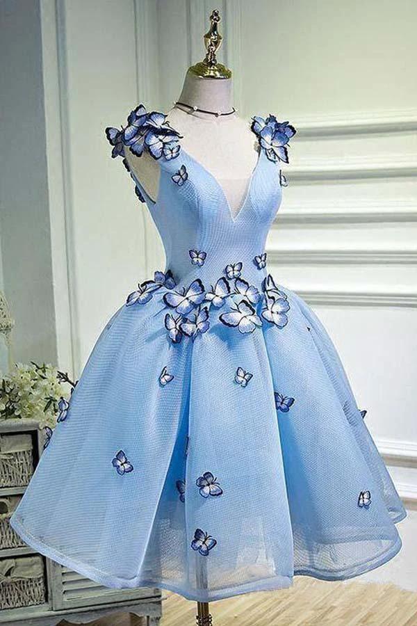Sky Blue Homecoming Dresses Butterfly Applique Short Prom Dress PD282 - Image 2