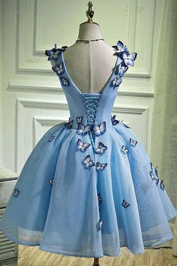 Sky Blue Homecoming Dresses Butterfly Applique Short Prom Dress PD282 - Image 3