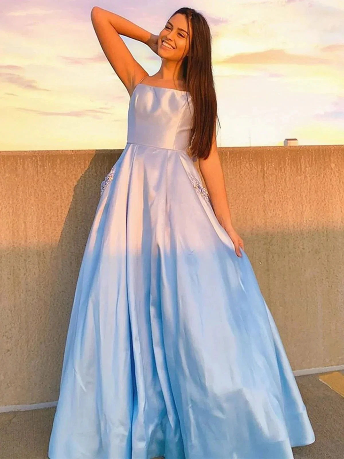 Sky Blue Long A-line Satin Formal Graduation Prom Dresses with Pockets - Image 2