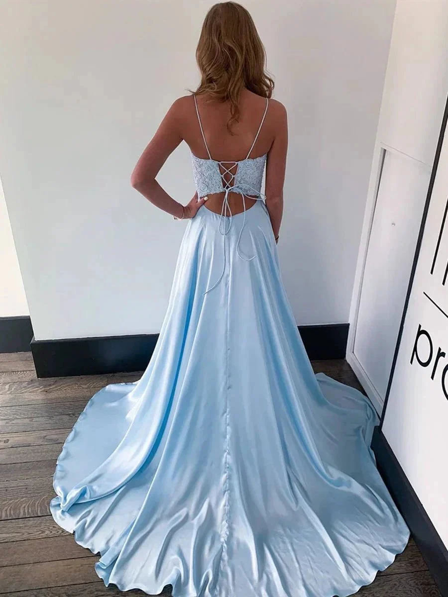 Sky Blue Long A-line Scoop Neck Lace Satin Formal Prom Dresses with Slit - Image 2