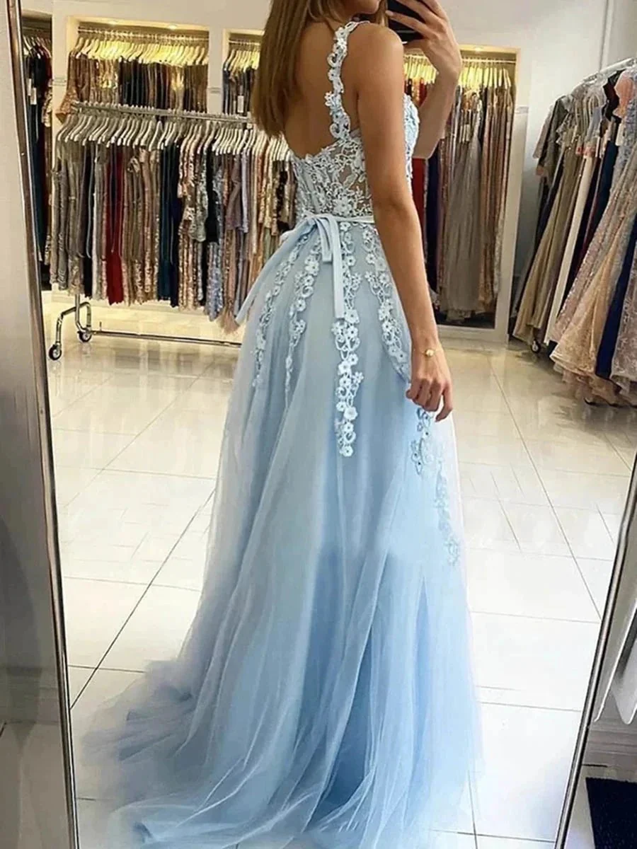 Sky Blue Long A-line Straps Tulle Lace Floral Backless Prom Graduation Dresses - Image 2