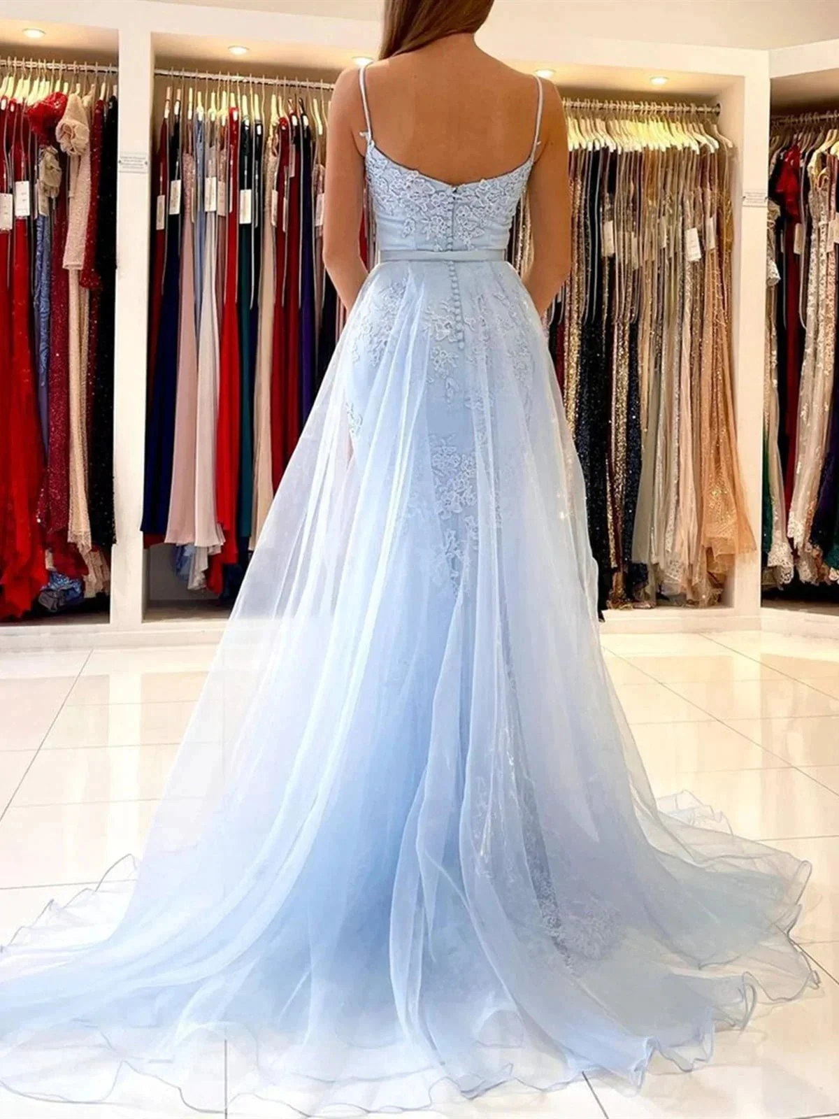 Sky Blue Long Mermaid Spaghetti Straps Tulle Lace Formal Prom Dresses - Image 2