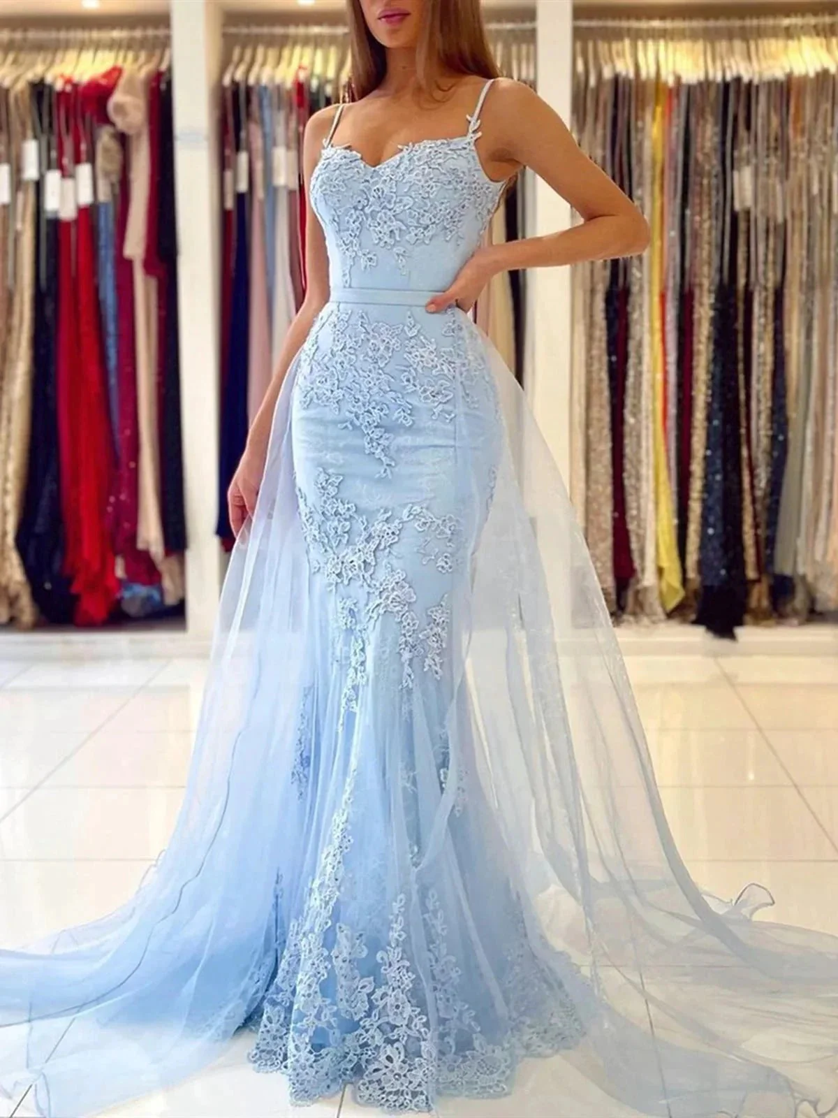 Sky Blue Long Mermaid Spaghetti Straps Tulle Lace Formal Prom Dresses - Image 4