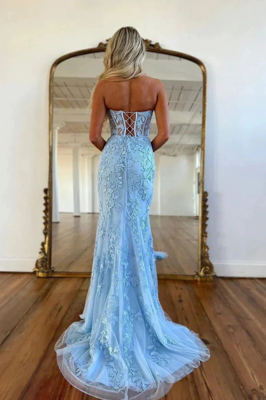 Sky Blue Long Mermaid Sweetheart Lace Formal Prom Dresses - Image 2