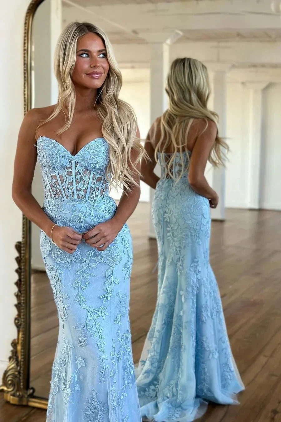 Sky Blue Long Mermaid Sweetheart Lace Formal Prom Dresses - Image 3