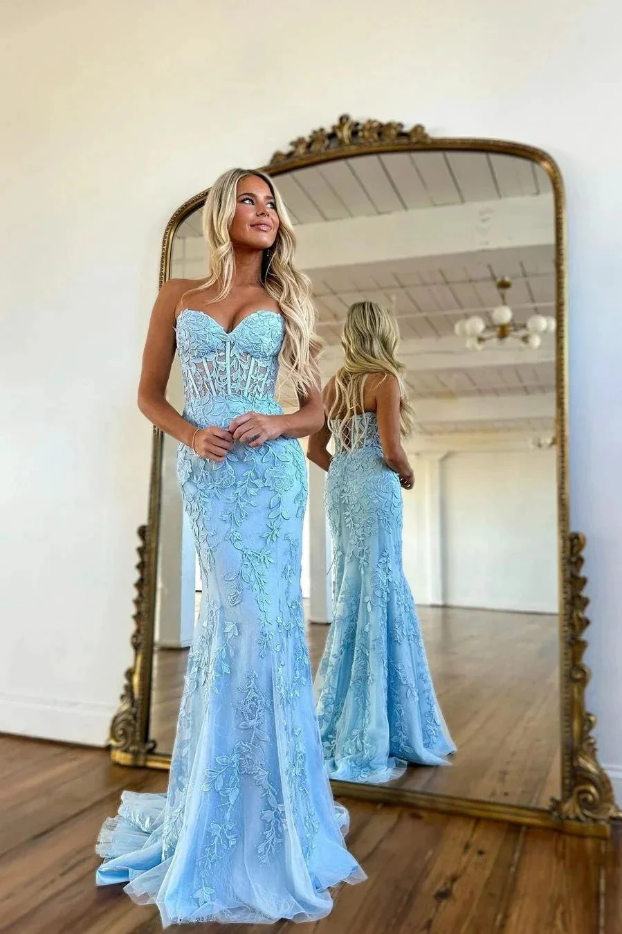 Sky Blue Long Mermaid Sweetheart Lace Formal Prom Dresses - Image 4