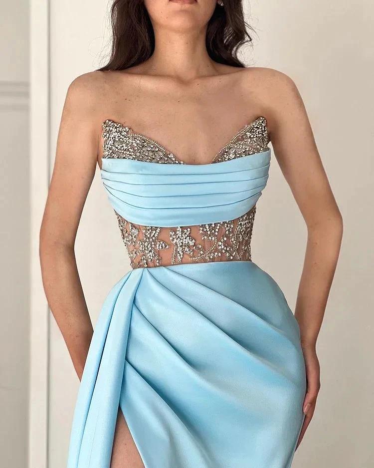 Sky Blue Long Strapless Beadings Mermaid Prom Dress With Split - Image 2