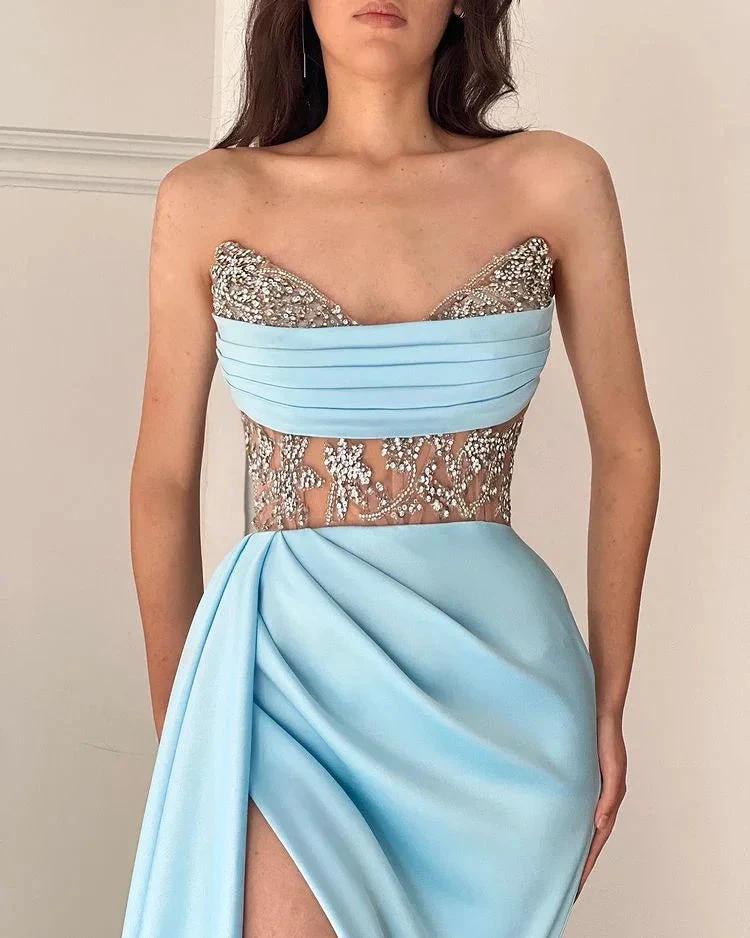 Sky Blue Long Strapless Beadings Mermaid Prom Dress With Split - Image 3