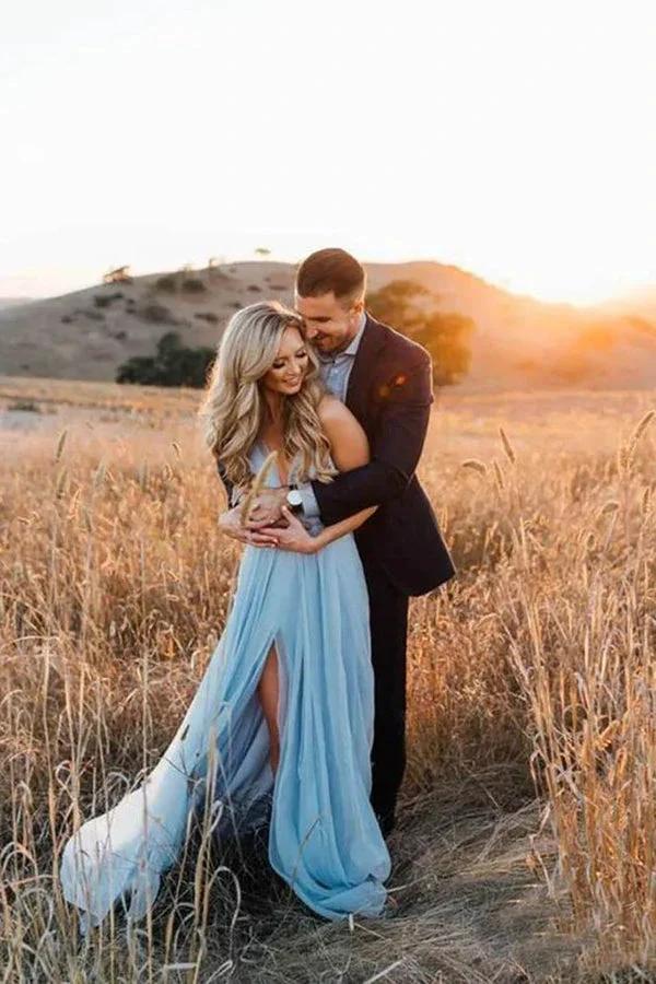 Sky Blue Rustic Thigh Split Beach Wedding Gown with Court Train,MW281 - Image 3