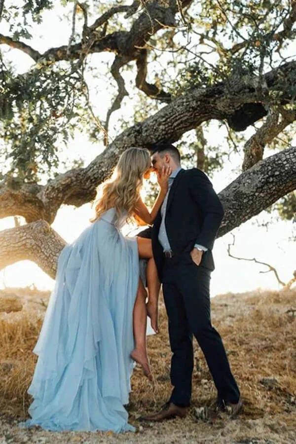 Sky Blue Rustic Thigh Split Beach Wedding Gown with Court Train,MW281 - Image 4
