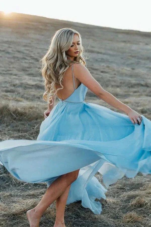 Sky Blue Rustic Thigh Split Beach Wedding Gown with Court Train,MW281 - Image 5