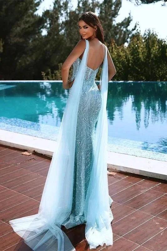 Sky Blue Spaghetti-Strap Beadings Mermaid V-Neck Prom Dress with Sequins and Split - Image 2