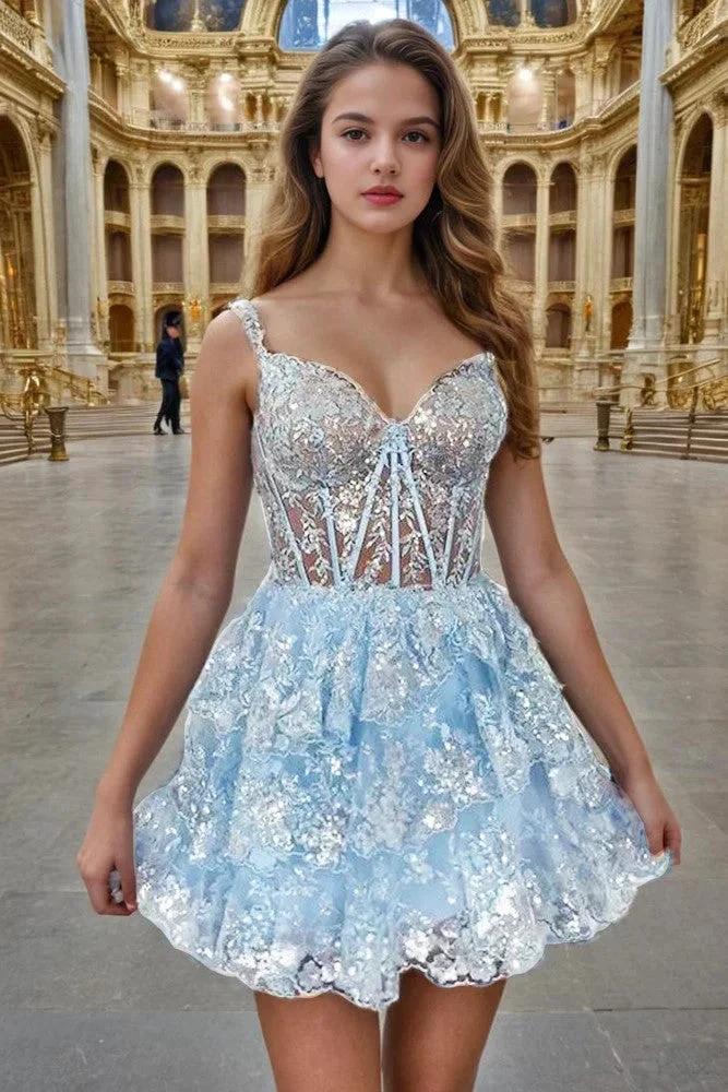 A-Line Spaghetti Straps Sequin Appliques Homecoming Dresses - Image 2