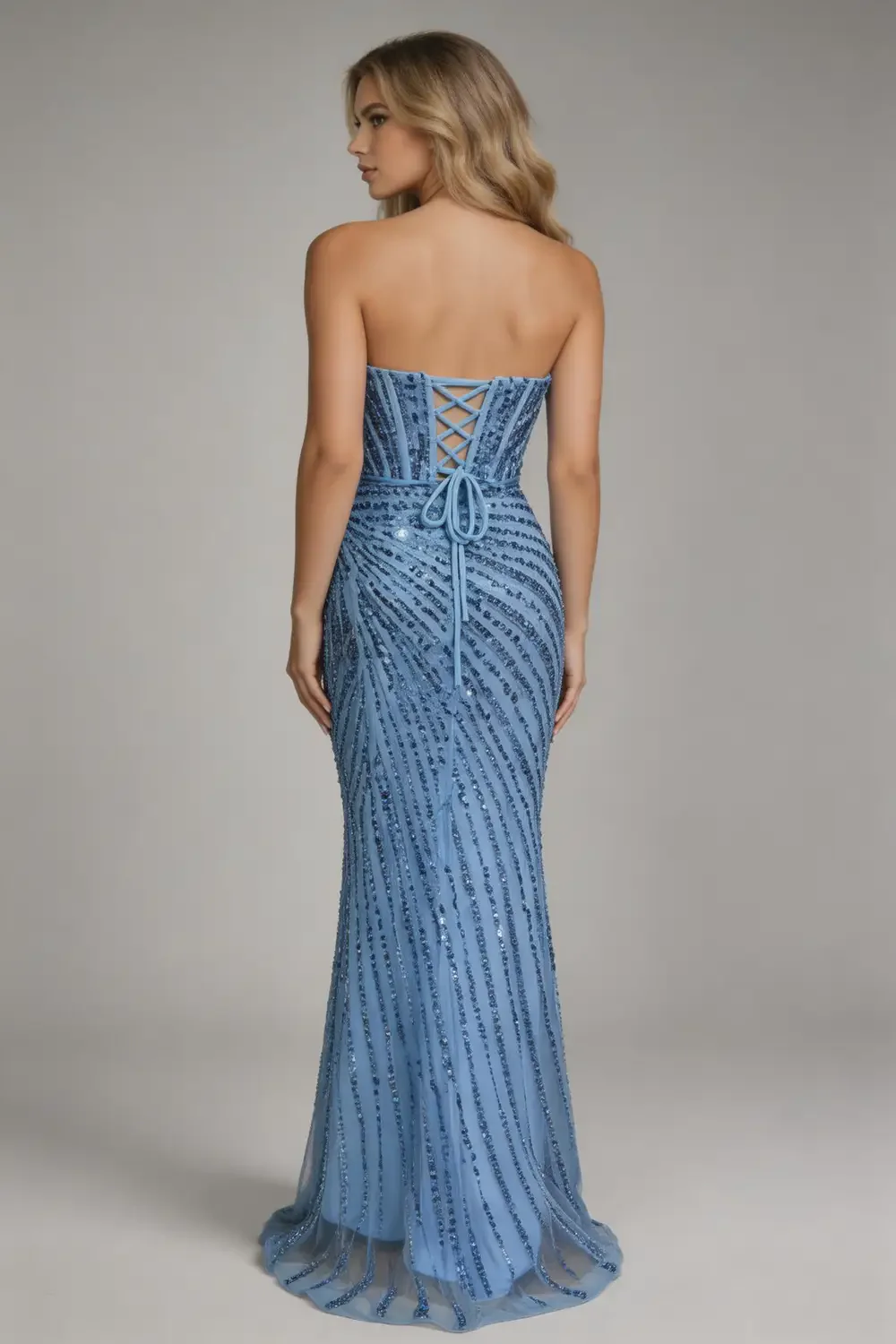 Sky Blue Sequin Strapless Mermaid Prom Dress With High Slit - Image 2