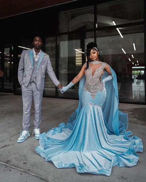 Sky Blue Velvet Silver Crystal Evening Dress Luxurious Evening Gown Y5764 - Image 2