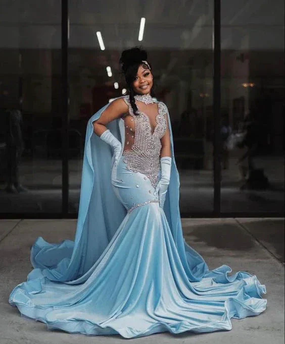 Sky Blue Velvet Silver Crystal Evening Dress Luxurious Evening Gown Y5764 - Image 3