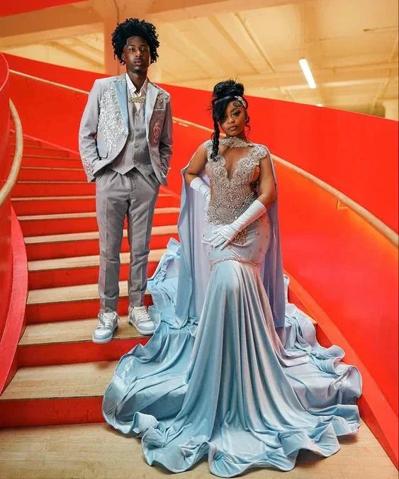 Sky Blue Velvet Silver Crystal Evening Dress Luxurious Evening Gown Y5764 - Image 4