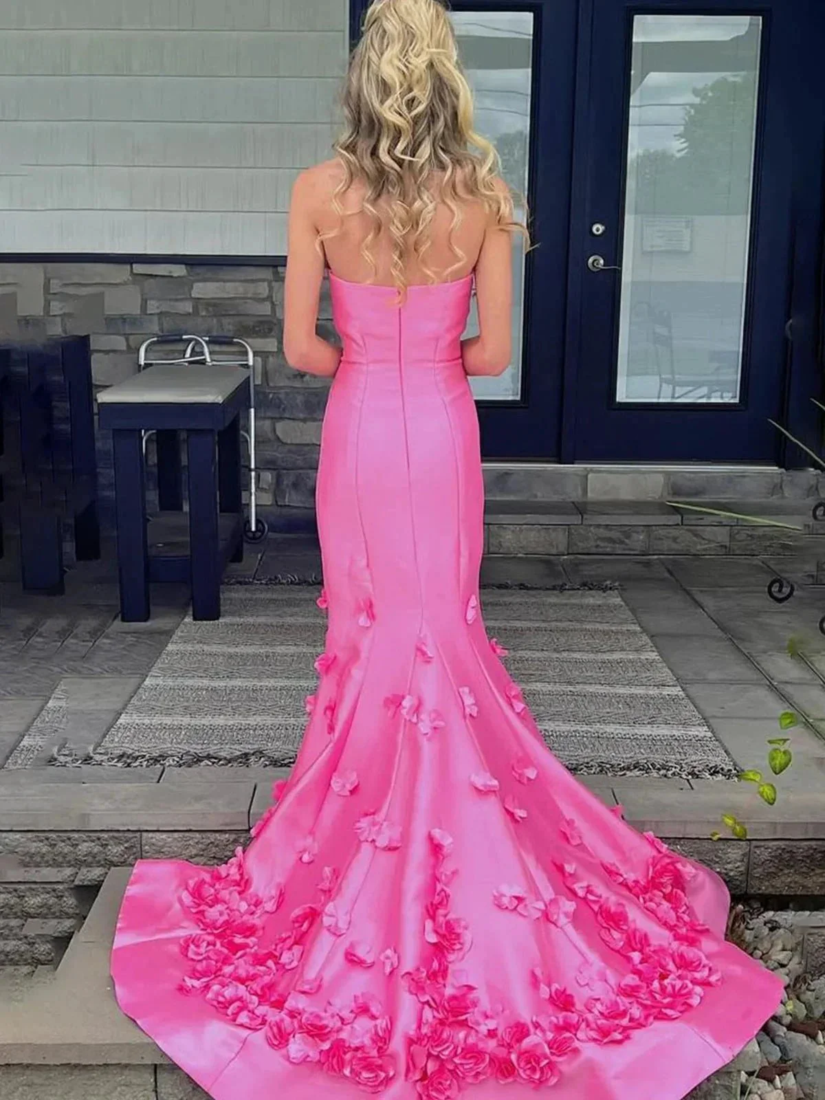 Skyden | Pink Strapless Mermaid Sleeveless Appliques Long Prom Dress - Image 2
