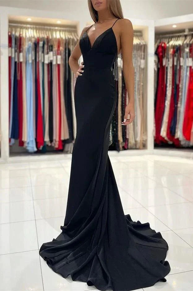 Sleek Black Charmeuse Long Mermaid Prom Gown with Spaghetti Straps - Image 2