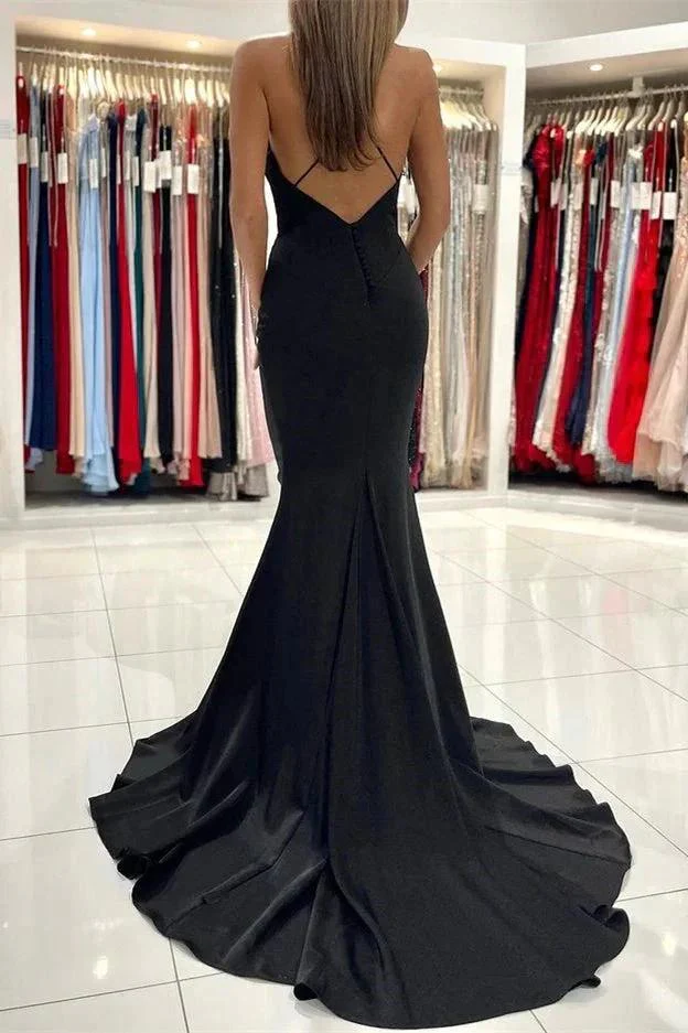 Sleek Black Charmeuse Long Mermaid Prom Gown with Spaghetti Straps - Image 3