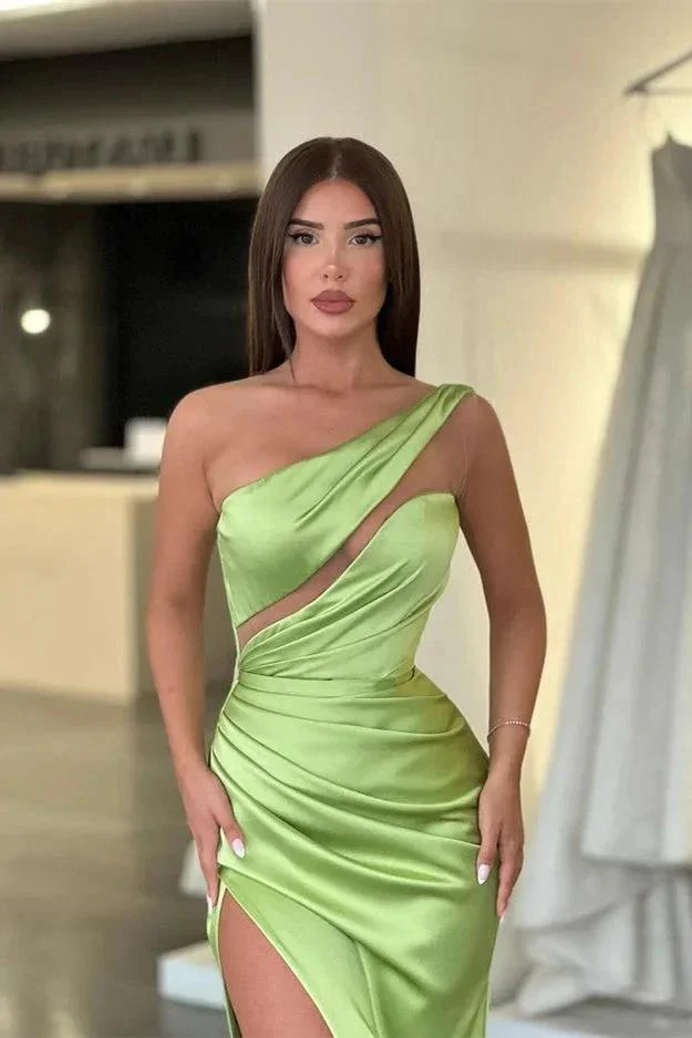 Sleek Light Green One-Shoulder Sleeveless Prom Dress with Long Slit - Image 2