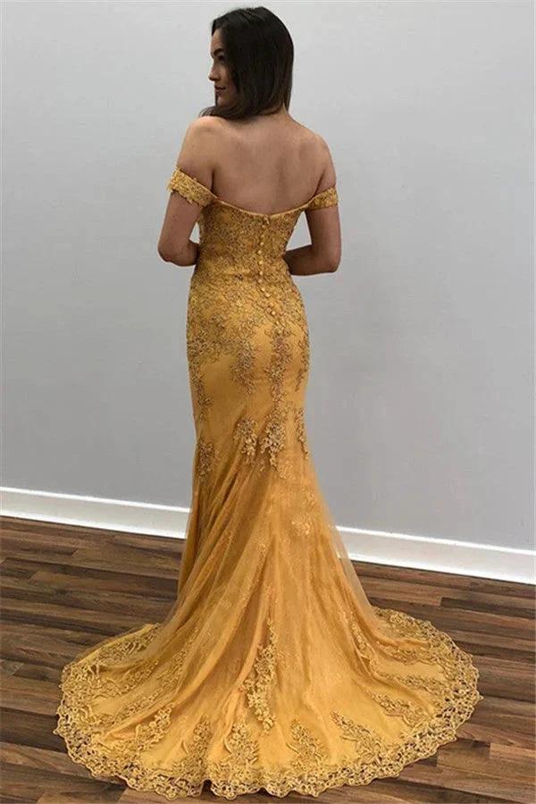 Long Mermaid Off-the-shoulder Lace Gold Prom Dress - Image 2