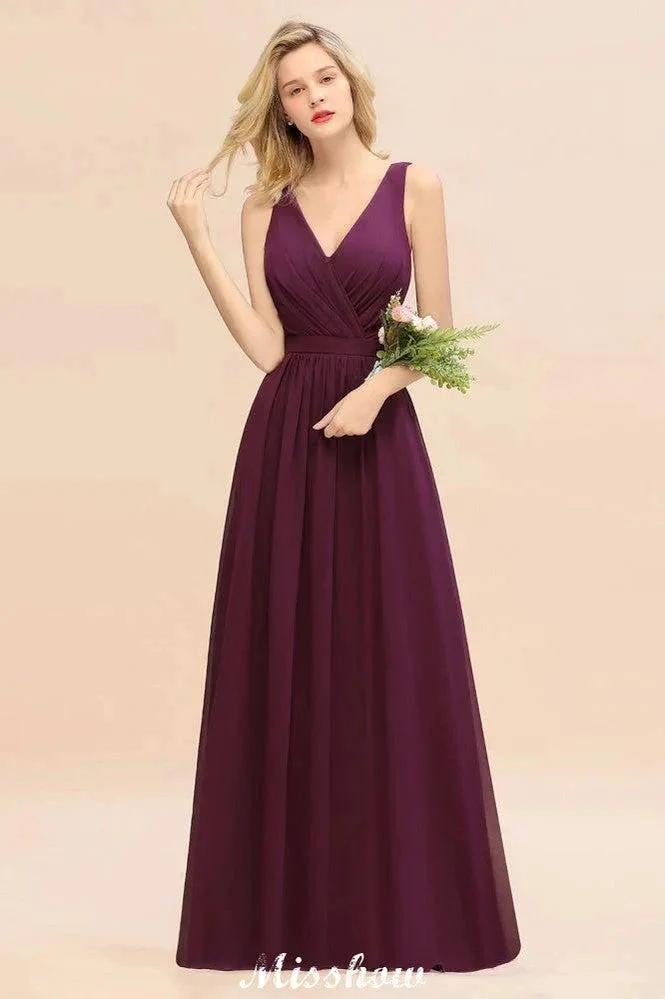 Sleeveless A-line Chiffon Bridesmaid Dress Floor-Length V-Neck Party Gown - Image 2