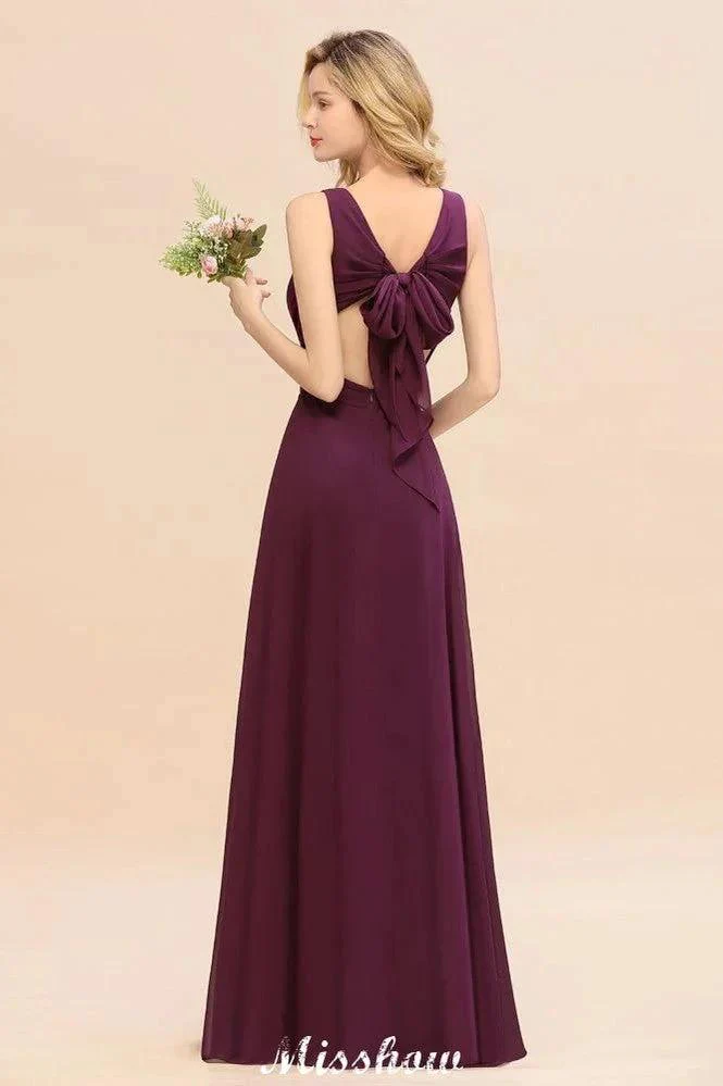 Sleeveless A-line Chiffon Bridesmaid Dress Floor-Length V-Neck Party Gown - Image 3