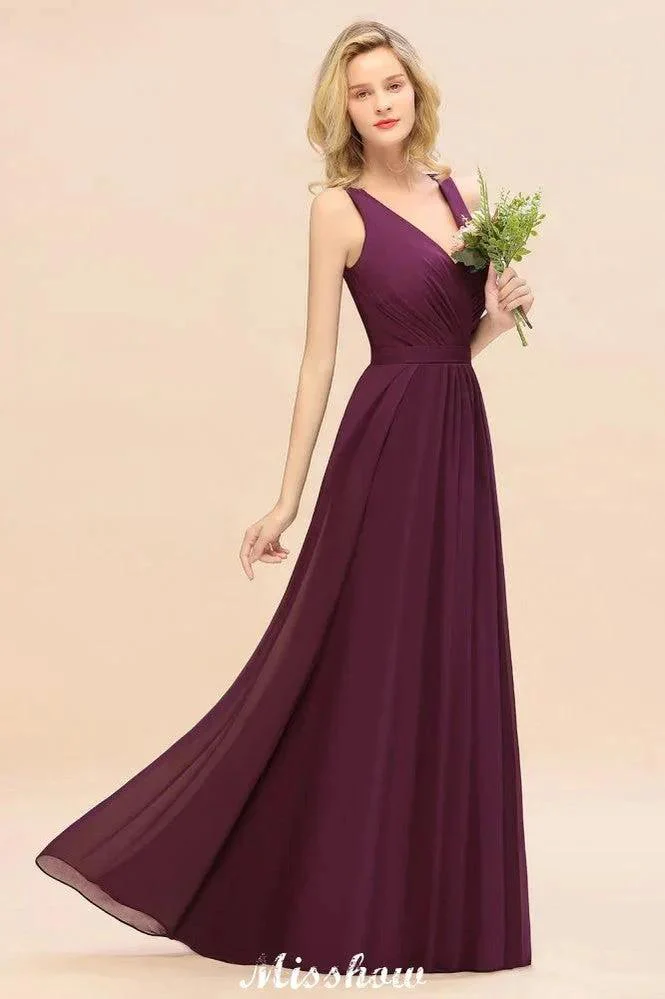 Sleeveless A-line Chiffon Bridesmaid Dress Floor-Length V-Neck Party Gown - Image 4